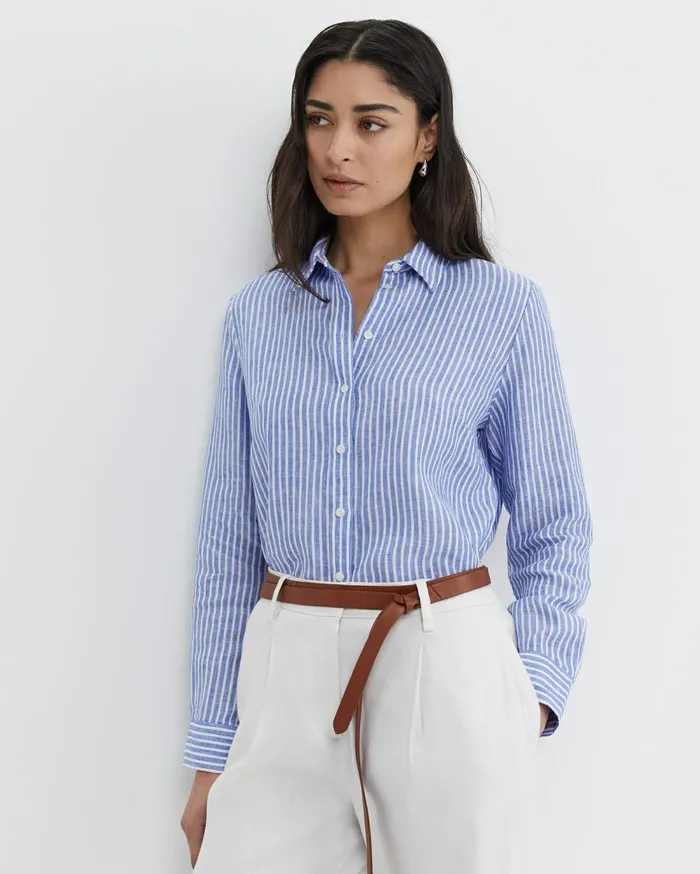 Women Sportscraft Shirts Dahlia Stripe Linen Shirt Bluewhite