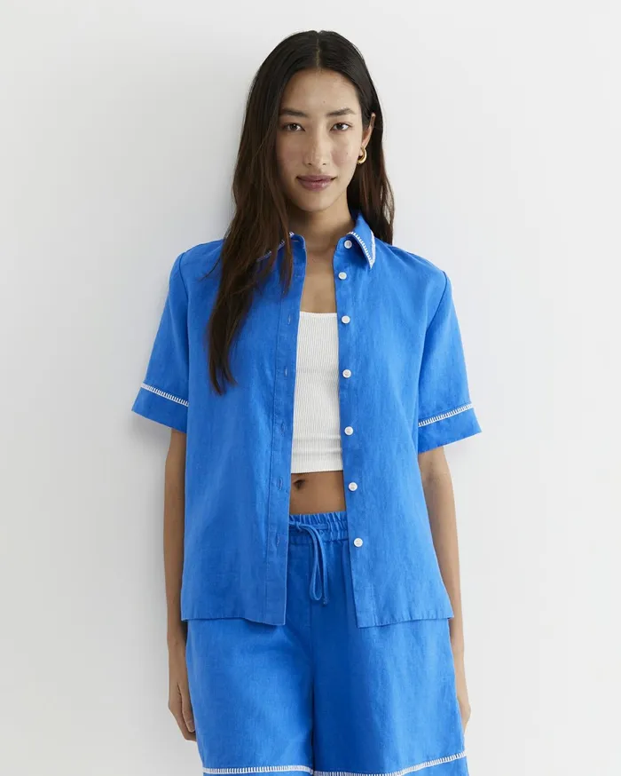 Women Sportscraft Shirts Lulu Blanket Stitch Linen Shirt Peacock