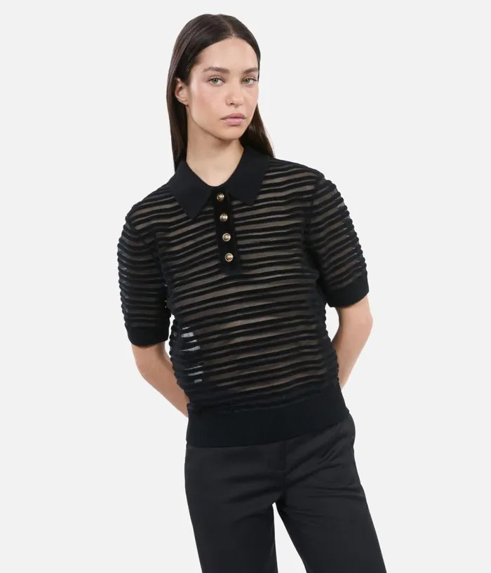 Women Sweaters THE KOOPLES Black Mesh Polo Tshirt Women Sweaters THE KOOPLES Black Mesh Polo Tshirt