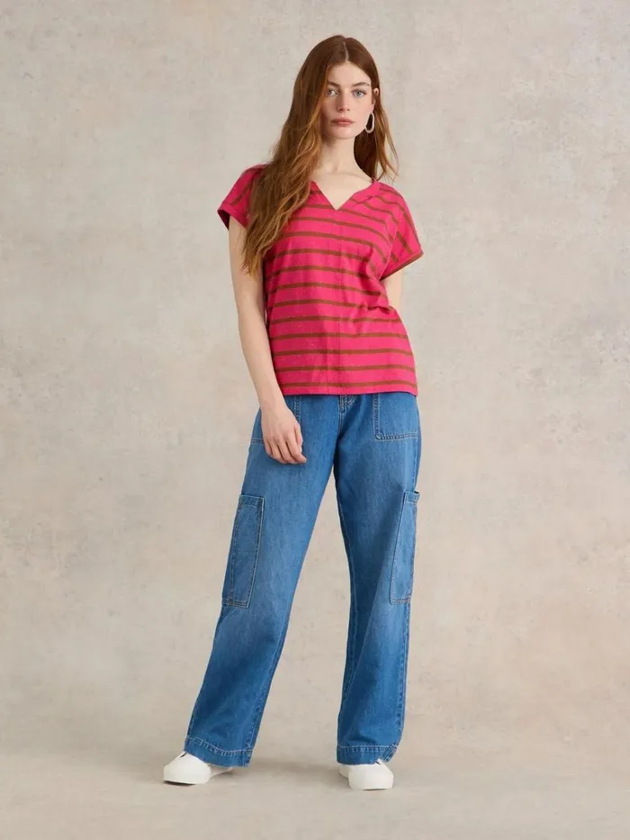 Women TOPS and TEES White Stuff NELLY NOTCH NECK NEP TEE Pink Multi