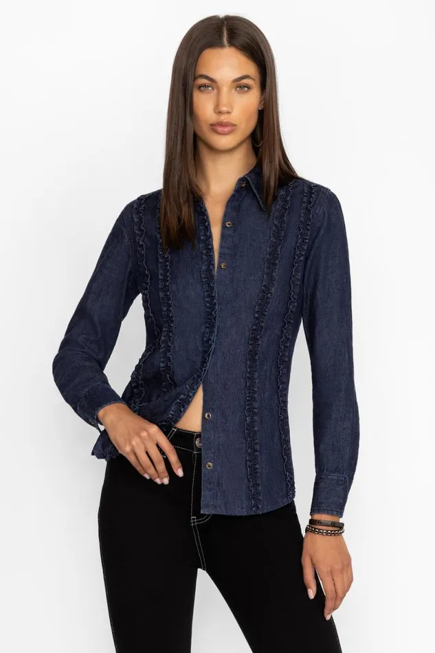 Women Tops Johnny Was BORDEAUX DENIM SHIRT Dark Blue Wash