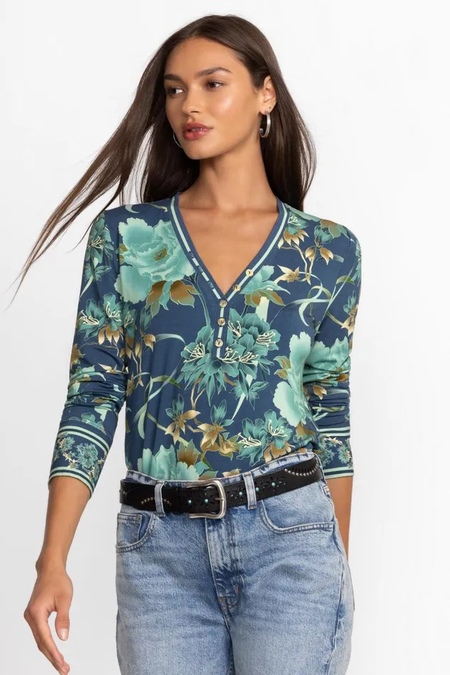 Women Tops Johnny Was THE JANIE FAVORITE HENLEY TOP Peonee Blue