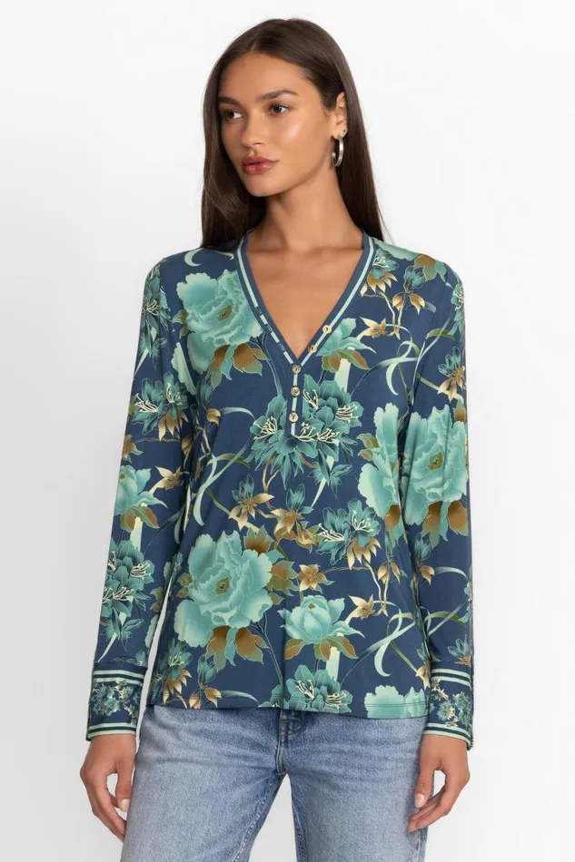 Women Tops Johnny Was THE JANIE FAVORITE HENLEY TOP Peonee Blue