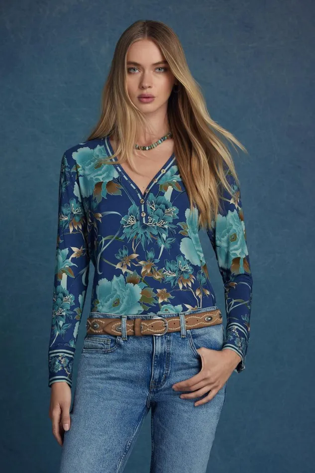 Women Tops Johnny Was THE JANIE FAVORITE HENLEY TOP Peonee Blue