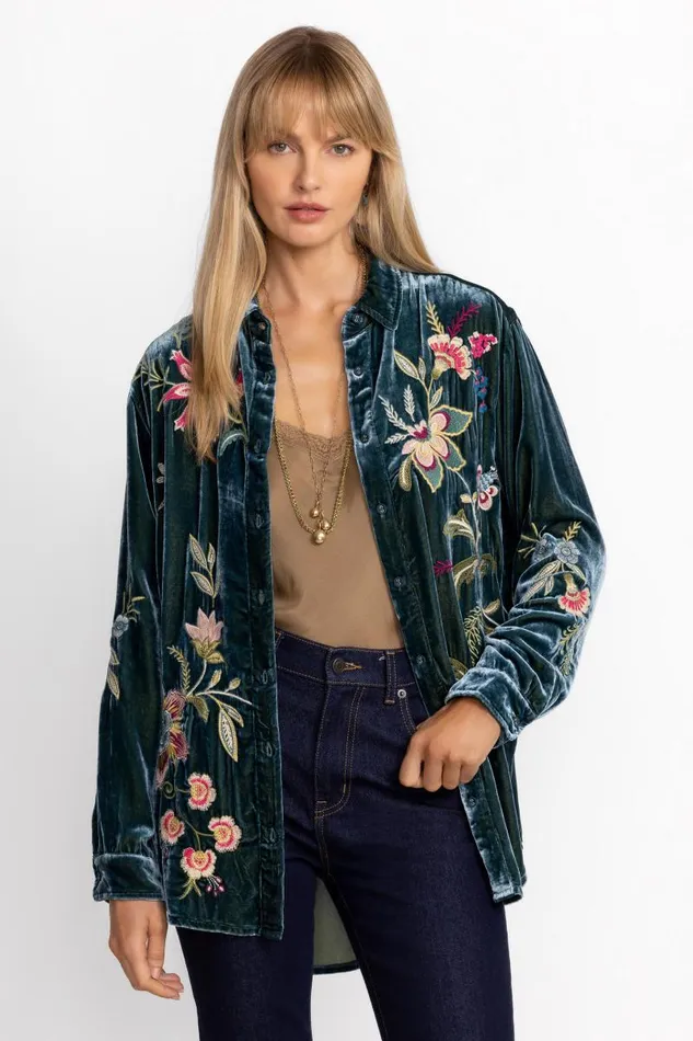 Women Tops Johnny Was VELVET OVERSIZED SHIRT Peacock