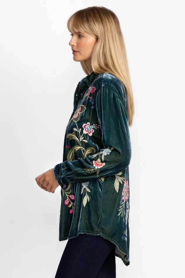 Women Tops Johnny Was VELVET OVERSIZED SHIRT Peacock