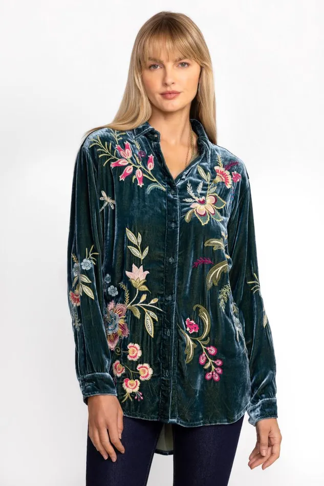 Women Tops Johnny Was VELVET OVERSIZED SHIRT Peacock