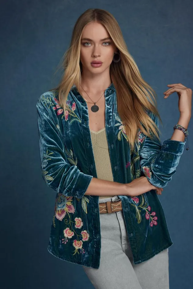 Women Tops Johnny Was VELVET OVERSIZED SHIRT Peacock
