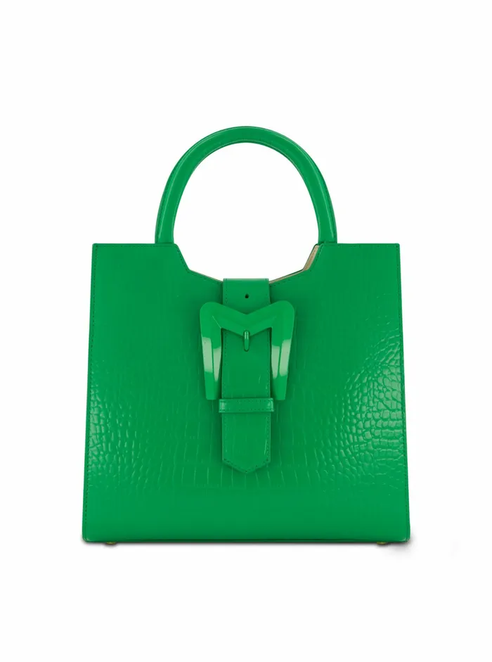 Women Totes Mac Duggal Buckled Medium Croco Green Leather Tote Bag with Detachable Strap Spring Green