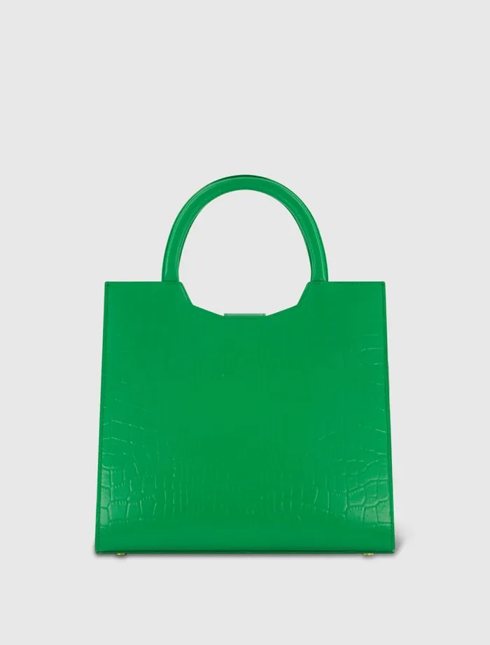 Women Totes Mac Duggal Buckled Medium Croco Green Leather Tote Bag with Detachable Strap Spring Green