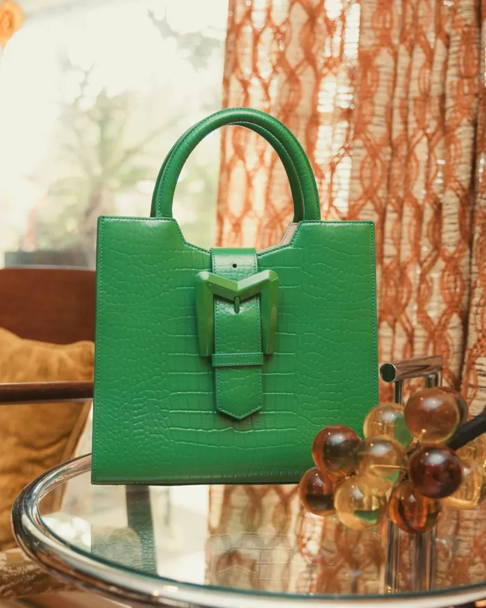 Women Totes Mac Duggal Buckled Medium Croco Green Leather Tote Bag with Detachable Strap Spring Green