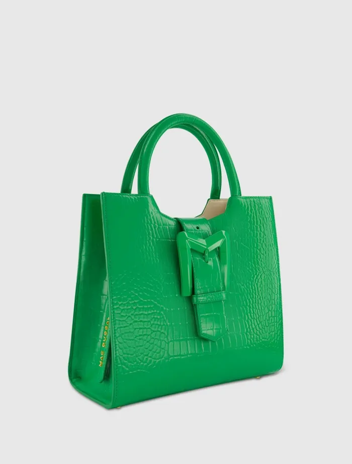 Women Totes Mac Duggal Buckled Medium Croco Green Leather Tote Bag with Detachable Strap Spring Green