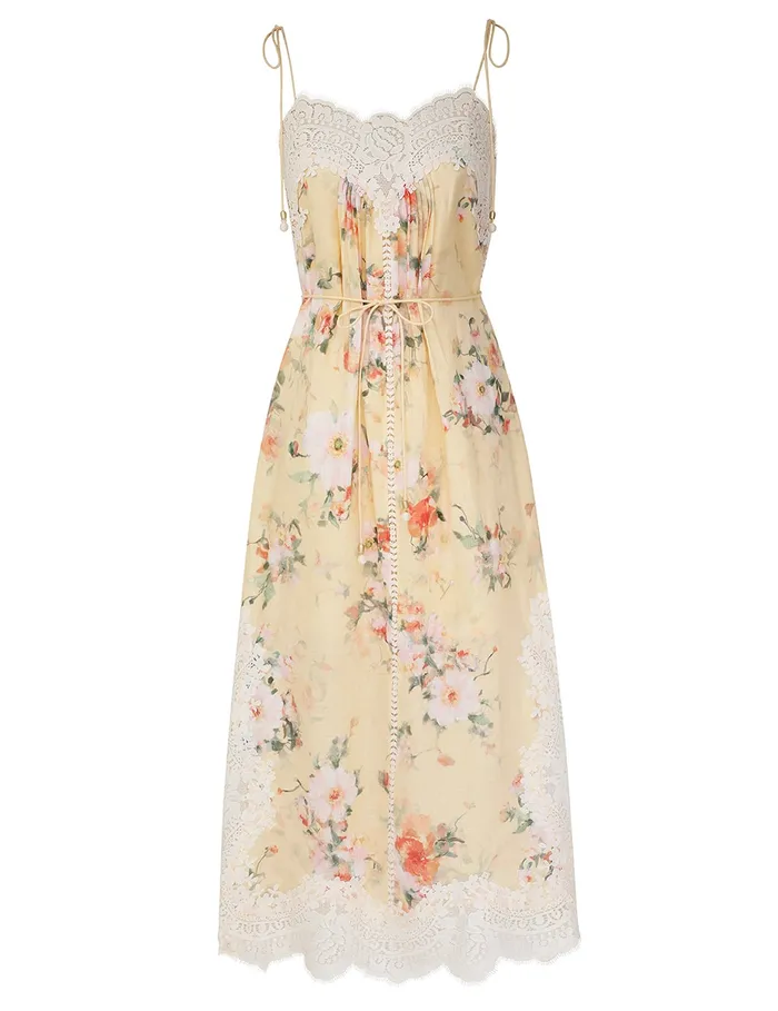 Women Zimmermann Clothing Everley Lace Trim Slip Dress Yellow Watercolour Floral