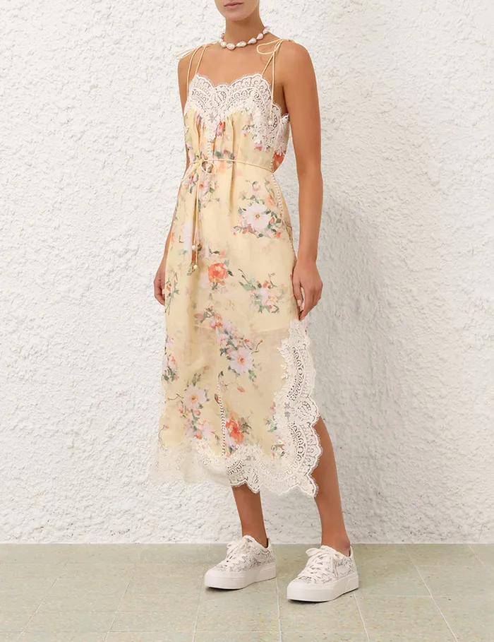 Women Zimmermann Clothing Everley Lace Trim Slip Dress Yellow Watercolour Floral