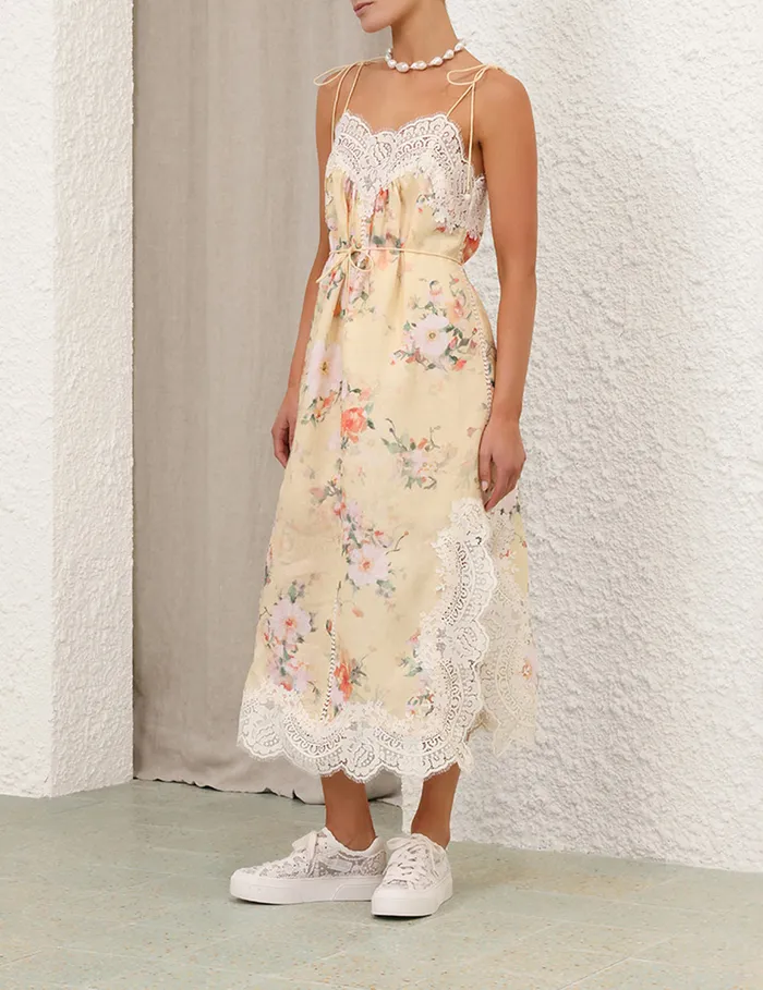 Women Zimmermann Clothing Everley Lace Trim Slip Dress Yellow Watercolour Floral
