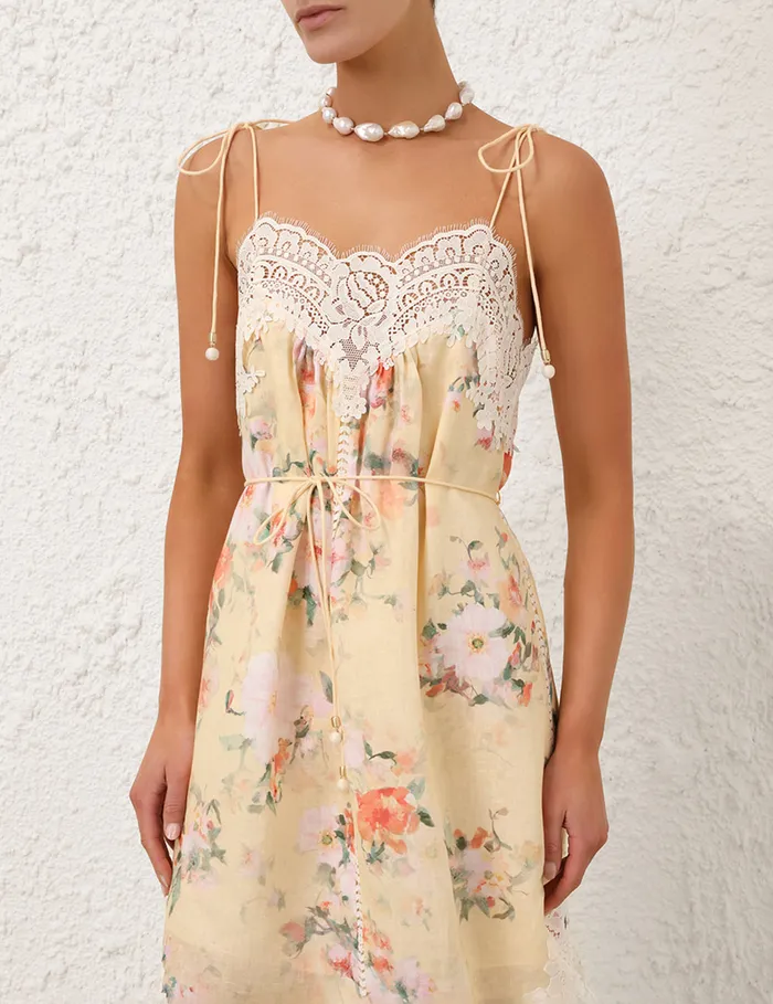 Women Zimmermann Clothing Everley Lace Trim Slip Dress Yellow Watercolour Floral
