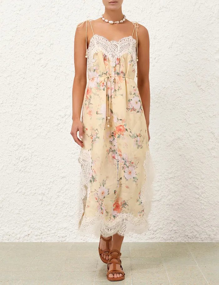Women Zimmermann Clothing Everley Lace Trim Slip Dress Yellow Watercolour Floral