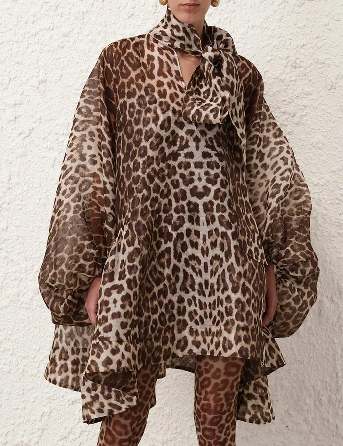 Women Zimmermann Clothing Illustration Billow Mini Dress Chocolate Leopard