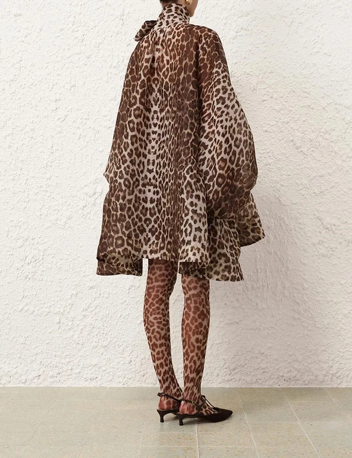 Women Zimmermann Clothing Illustration Billow Mini Dress Chocolate Leopard