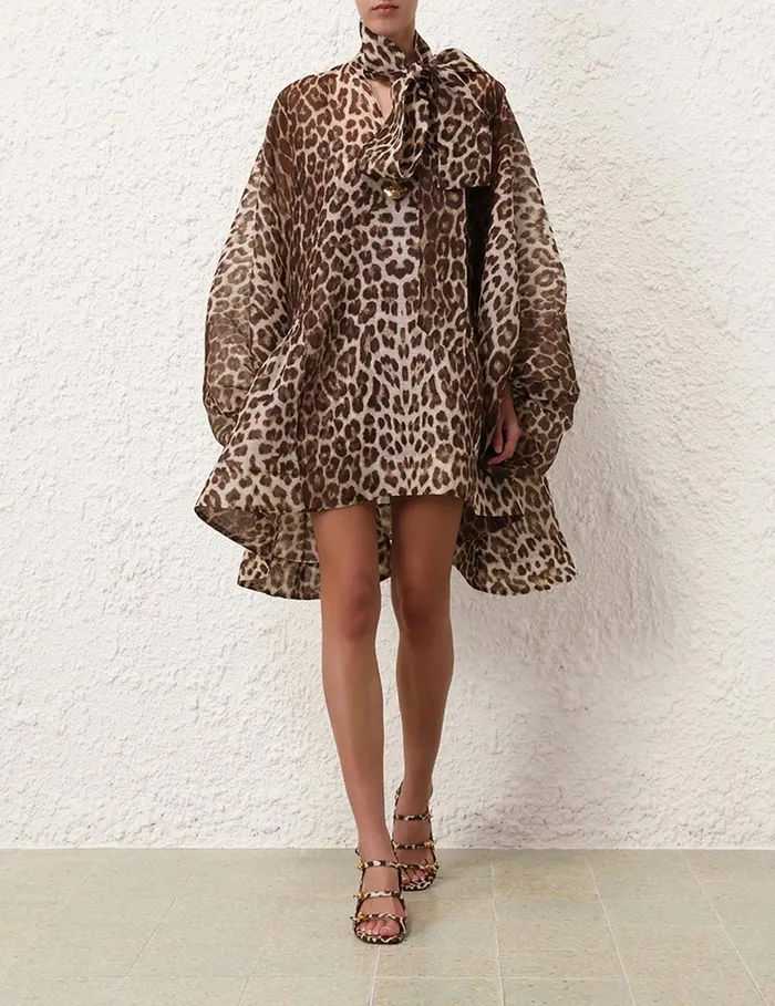 Women Zimmermann Clothing Illustration Billow Mini Dress Chocolate Leopard