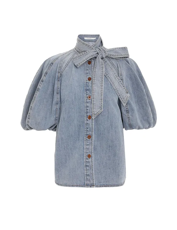 Women Zimmermann Clothing Lantern Sleeve Shirt Faded Blue