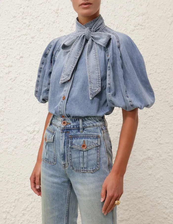 Women Zimmermann Clothing Lantern Sleeve Shirt Faded Blue