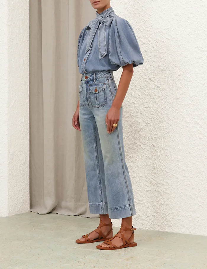 Women Zimmermann Clothing Lantern Sleeve Shirt Faded Blue