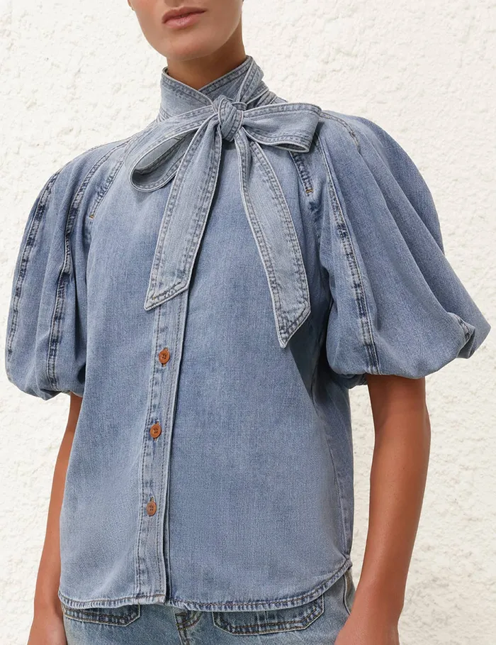 Women Zimmermann Clothing Lantern Sleeve Shirt Faded Blue