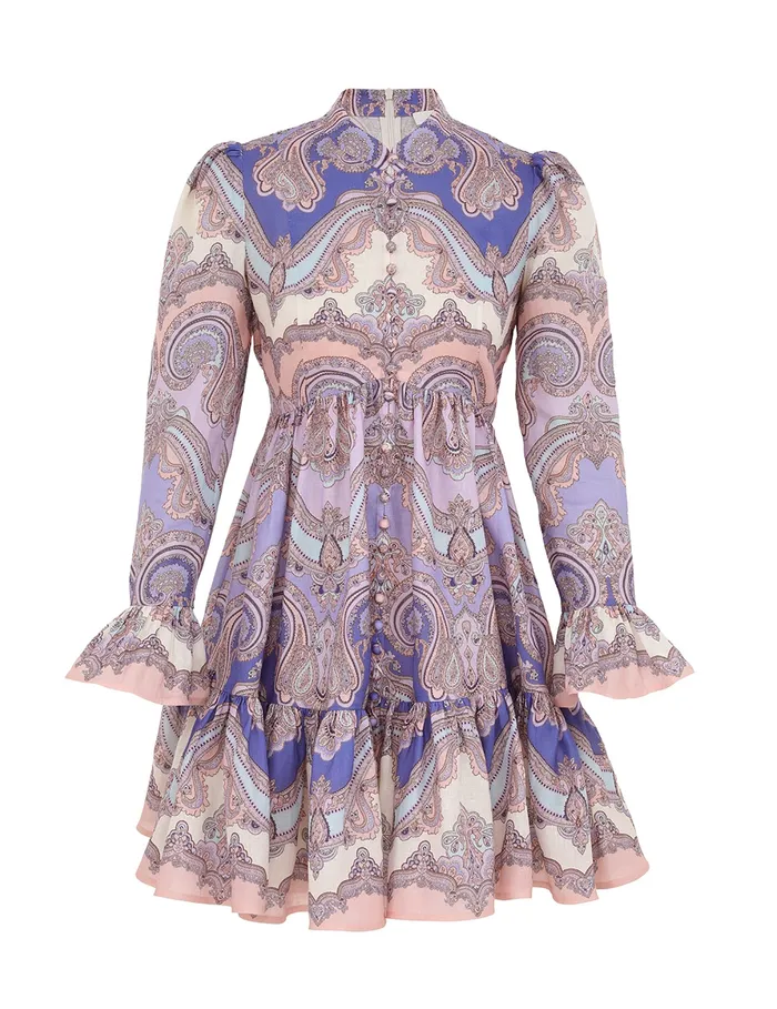 Women Zimmermann Clothing Maxine Long Sleeve Mini Dress Purple Paisley