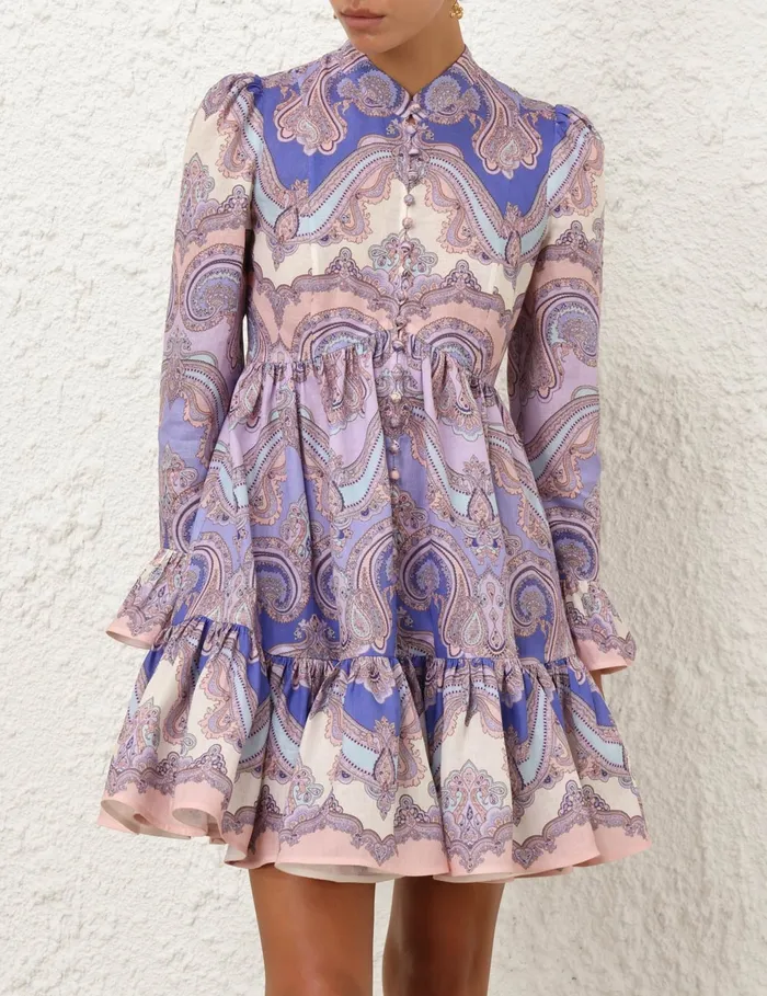 Women Zimmermann Clothing Maxine Long Sleeve Mini Dress Purple Paisley