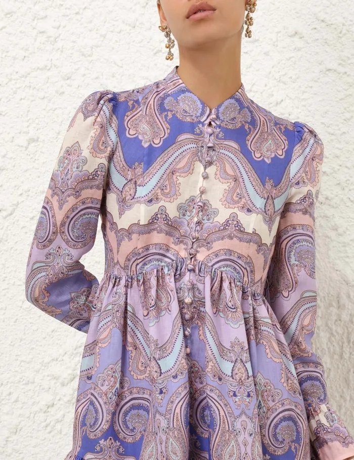 Women Zimmermann Clothing Maxine Long Sleeve Mini Dress Purple Paisley