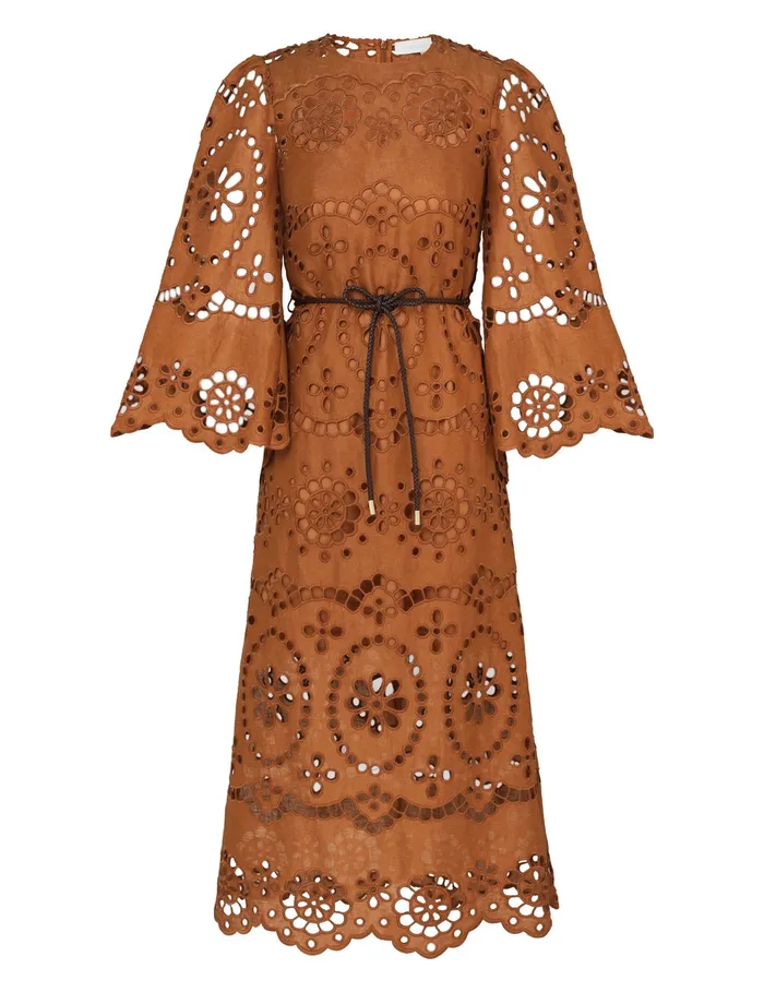 Women Zimmermann Clothing Pop Embroidered Midi Dress Tan