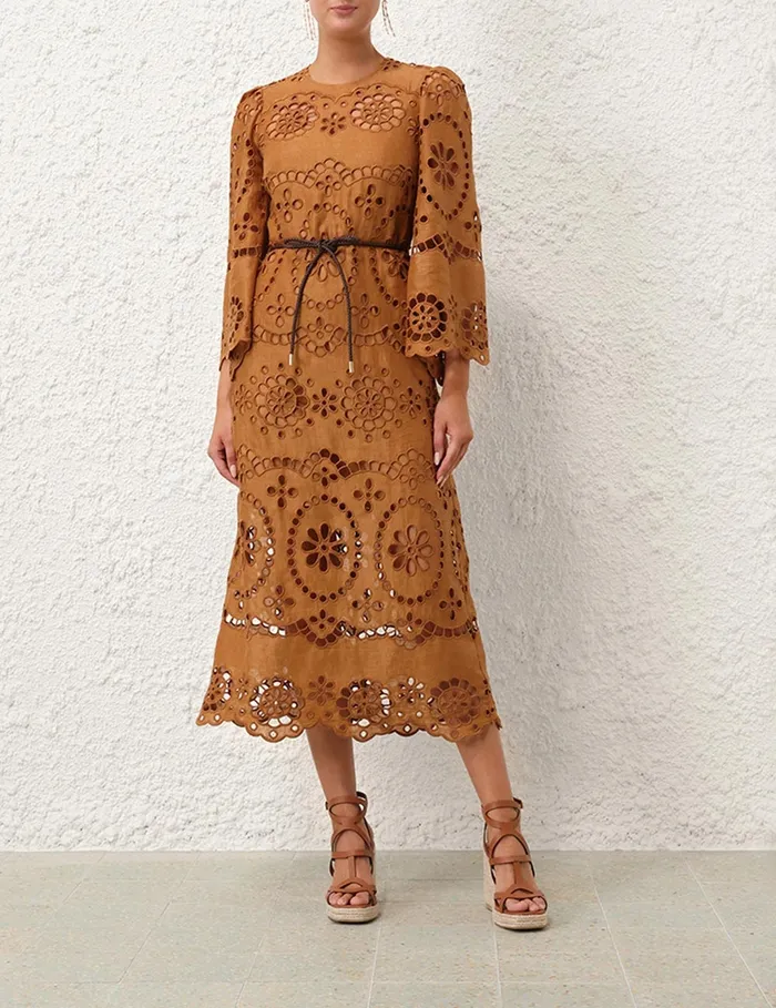 Women Zimmermann Clothing Pop Embroidered Midi Dress Tan