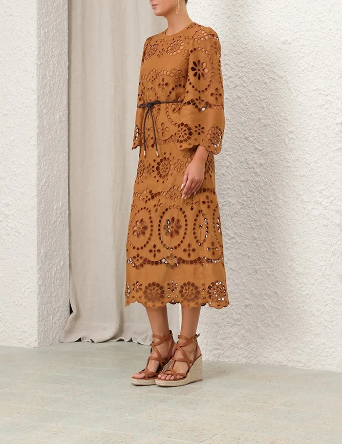 Women Zimmermann Clothing Pop Embroidered Midi Dress Tan