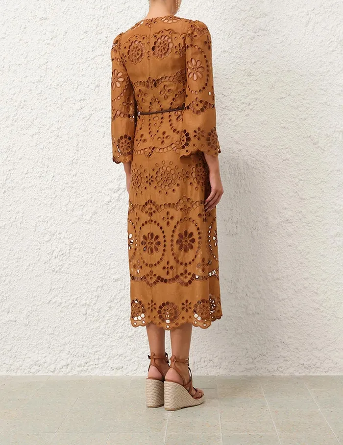 Women Zimmermann Clothing Pop Embroidered Midi Dress Tan