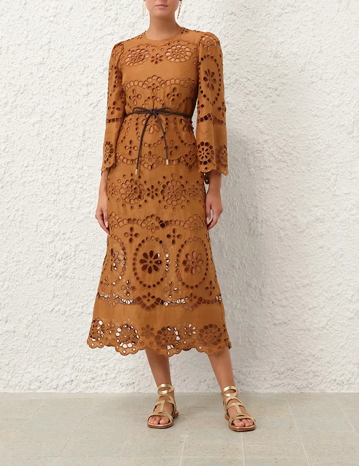 Women Zimmermann Clothing Pop Embroidered Midi Dress Tan