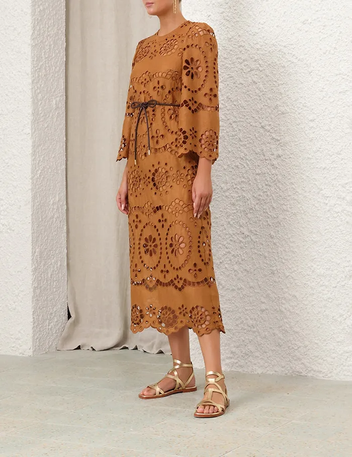 Women Zimmermann Clothing Pop Embroidered Midi Dress Tan