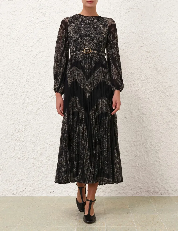 Women Zimmermann Clothing Sunray Long Sleeve Midi Dress Black Paisley
