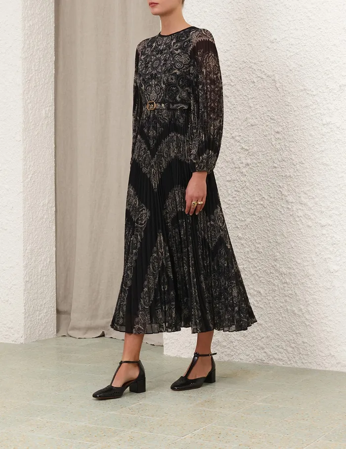Women Zimmermann Clothing Sunray Long Sleeve Midi Dress Black Paisley