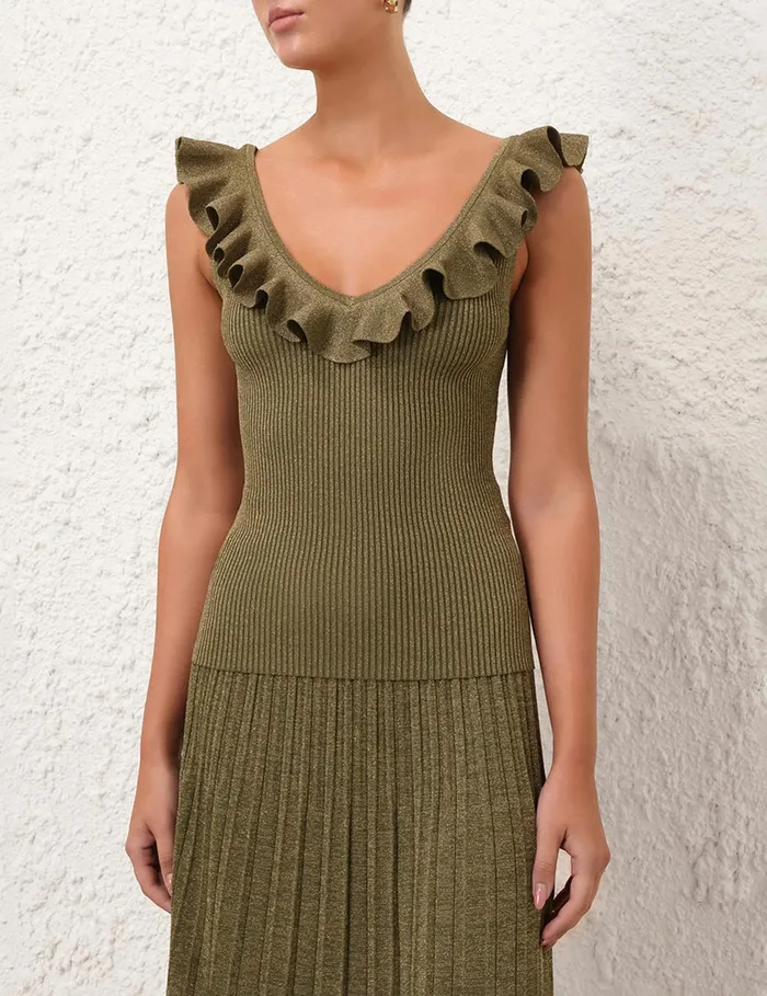 Women Zimmermann Clothing Wylie Frill VNeck Top Dusty Olivegold