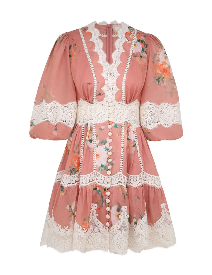 Women Zimmermann Dresses and Coverups Everley Lace Trim Mini Dress Pink Watercolour Floral