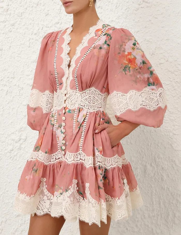Women Zimmermann Dresses and Coverups Everley Lace Trim Mini Dress Pink Watercolour Floral