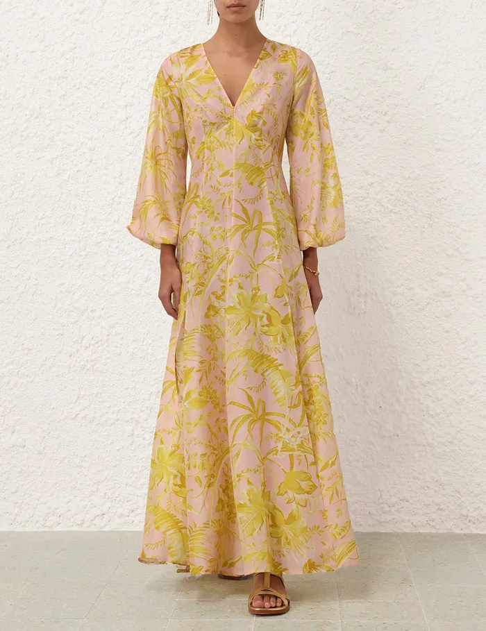 Women Zimmermann Dresses and Coverups Golden Long Sleeve Maxi Dress Pinkgold Floral
