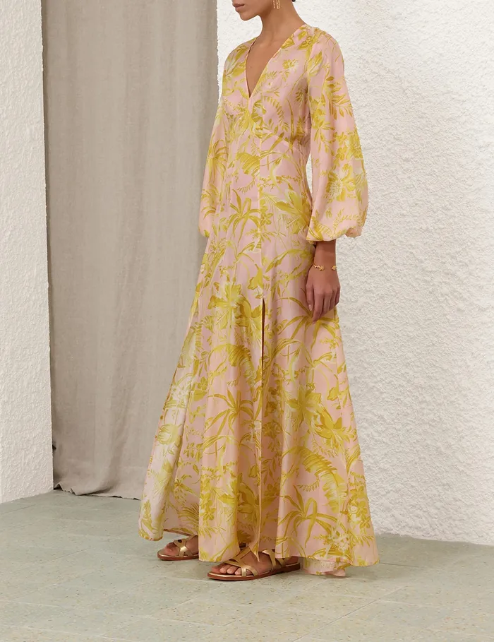 Women Zimmermann Dresses and Coverups Golden Long Sleeve Maxi Dress Pinkgold Floral
