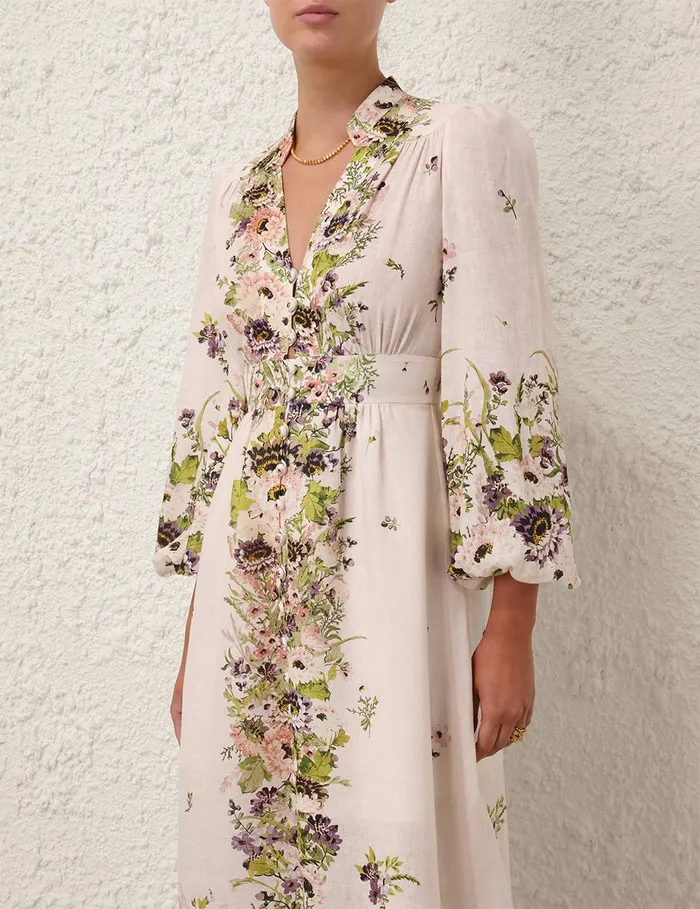 Women Zimmermann Dresses and Coverups Halliday Plunge Midi Dress Cream Multi Floral