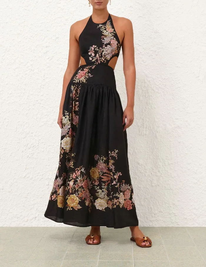 Women Zimmermann Dresses and Coverups Tallow Halter Midi Dress Black Multi Floral