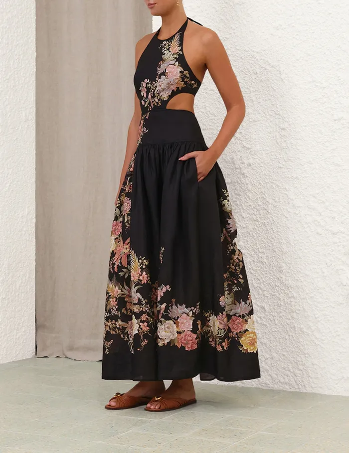 Women Zimmermann Dresses and Coverups Tallow Halter Midi Dress Black Multi Floral