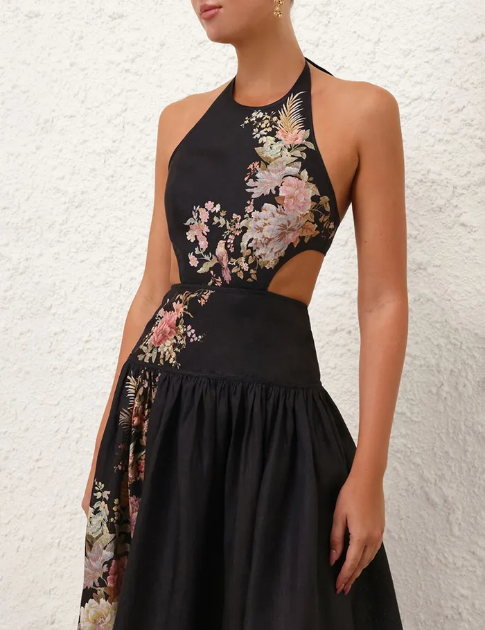Women Zimmermann Dresses and Coverups Tallow Halter Midi Dress Black Multi Floral