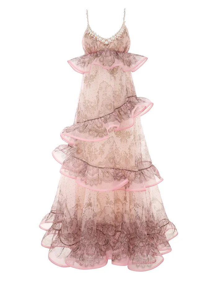 Women Zimmermann Dresses Crush Embellished Maxi Dress Pink Lace Print