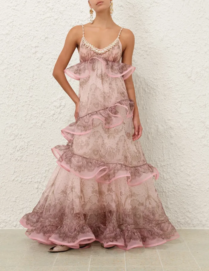 Women Zimmermann Dresses Crush Embellished Maxi Dress Pink Lace Print